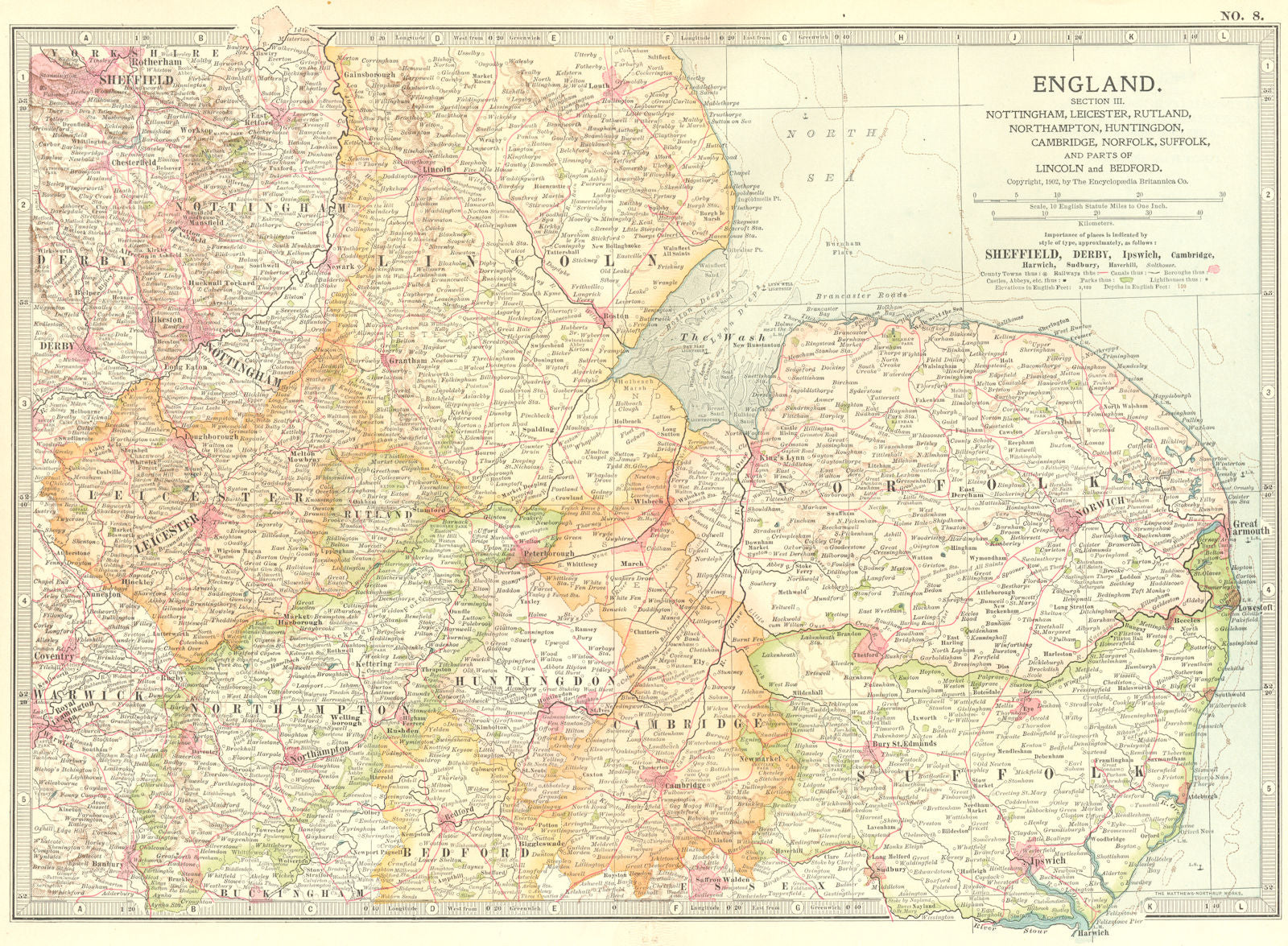 EAST MIDLANDS ANGLIA. Notts Leics Hunts Cambs 1903 old antique map plan chart